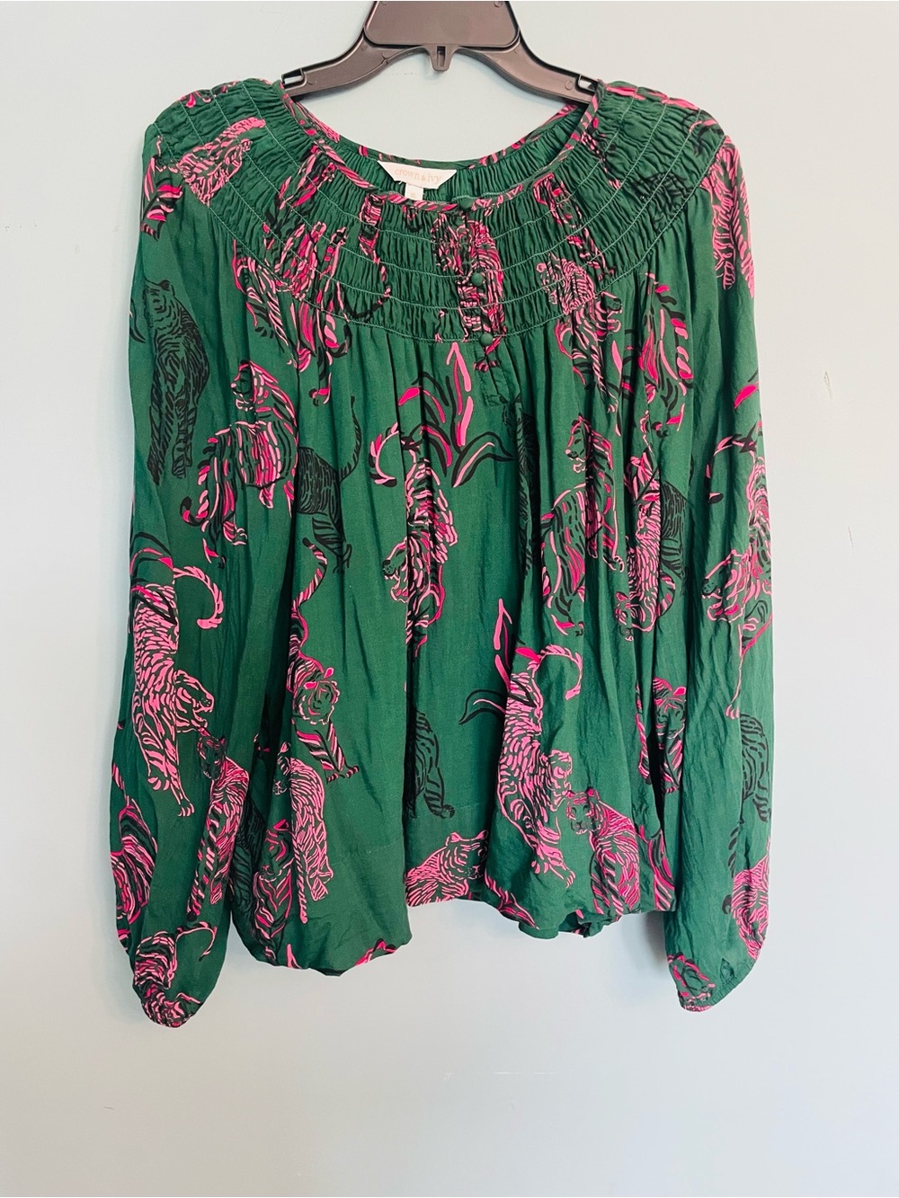 crown & ivy Green Blouse with Pink Tiger Print